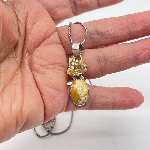 Handcrafted 925 Sterling Silver Necklace With Citrine & Jasper Pendant - Picture 4 of 5